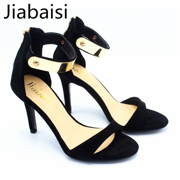 

jiabaisi shoes women sandal summer high heel leopard dazzling metal shining stiletto shoes wedding party basic woman, Black