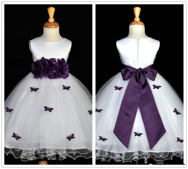 Weißer und lila Schmetterling Blumenmädchen Kleid handgefertigter Blumenbogen Gürtel eine Linie Kinder Festzugskleider Erstes Kommunionkleid Custom F01324a