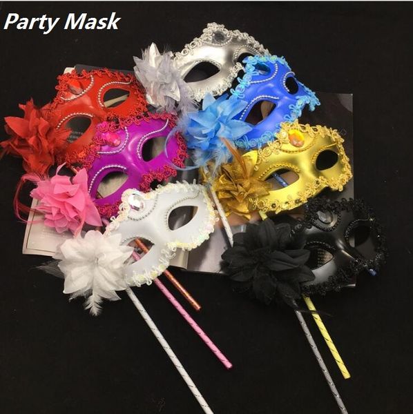 

new luxury woman mask on stick eyeline venetian masquerade party mask sequin lace edge lateral flower 8 color party masks i054