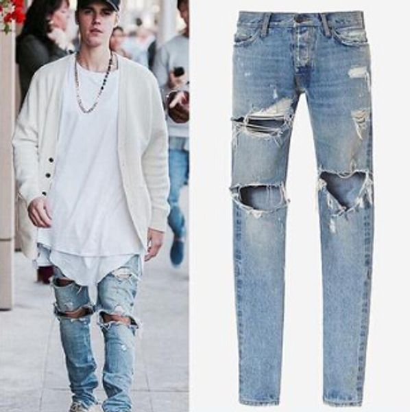 

mens distressed blue denim jeans fashion street slim long trousers pants mens hip hop ripped holes jeans