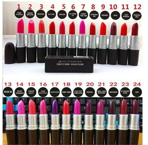 

HOT Ruby Woo Diva Rebel Frost Lipstick M Makeup Luster Frost Lipstick Matte Lipstick 3g 24 colors lipsticks Pink Red
