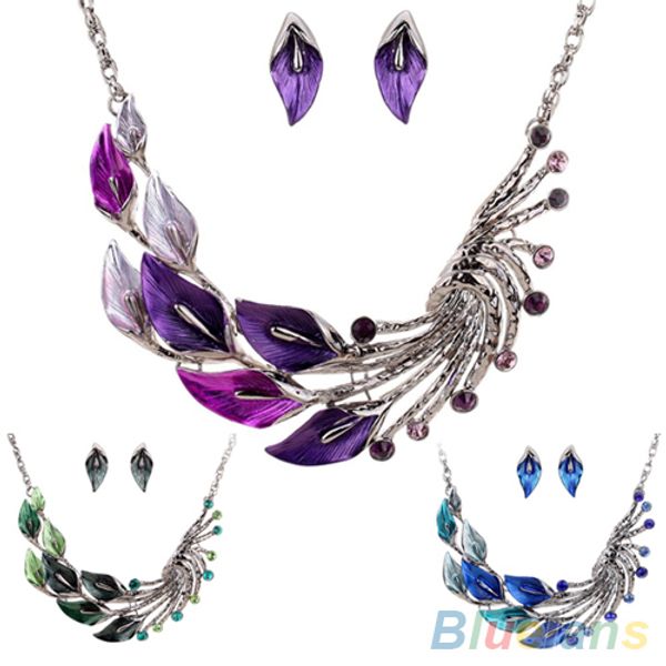 

women earing and necklace retro tibetan leaf peacock crystal rhinestone drop earrings short necklace set 08s4, Silver