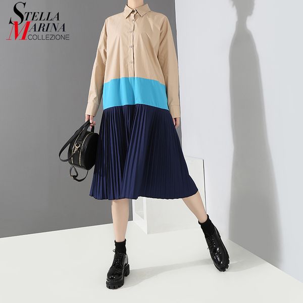

2018 korean style autumn women khaki black pleated shirt dress long sleeve patchwork design lady casual wear dress vestidos 3846, White;black