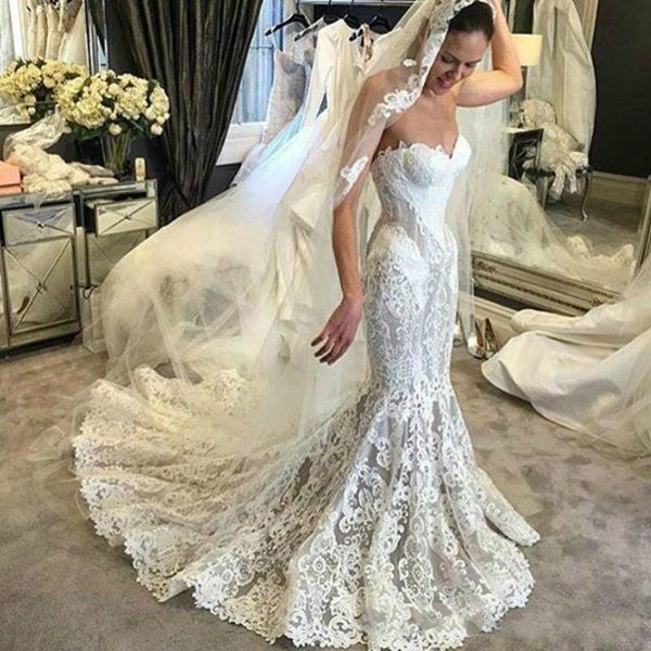 Exquisite Schatz Meerjungfrau Spitze Brautkleider Ausgestattet Plus Größe Zug Arabisch Dubai Afrikanischen Brautkleid Vestido de novia Braut Kleid