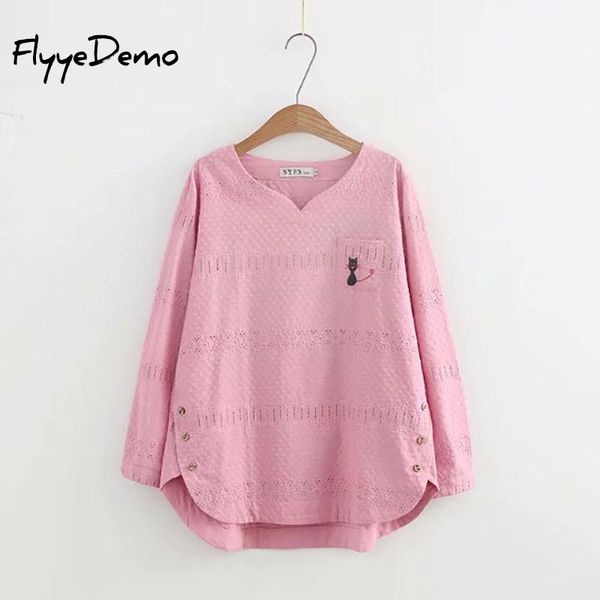 

4xl 6 colors autumn new lace blouses cat embroidery lace hollow out casual ladies fashion shirts white pink loose plus size