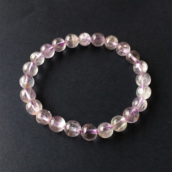 

natural genuine clear light purple kunzite stretch finish bracelet round beads 7.5mm 05190, Black