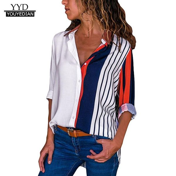 

womens and blouses casual long sleeve color block stripe button shirts blouse elegant clothes chemisier femme, White