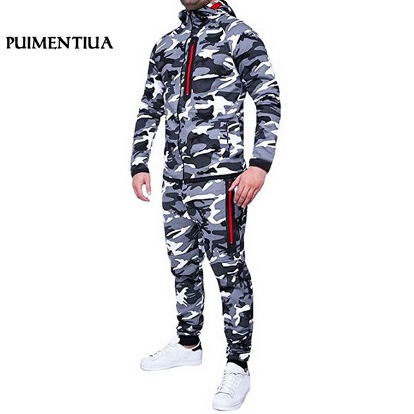 

puimentiua autumn winter camouflage men suits patchwork men's sportswear tracksuit two pieces set drawstring chandal hombre, Gray
