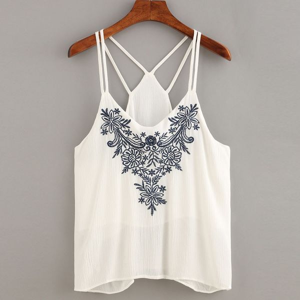 

women tank flower embroidered strappy cami top, White