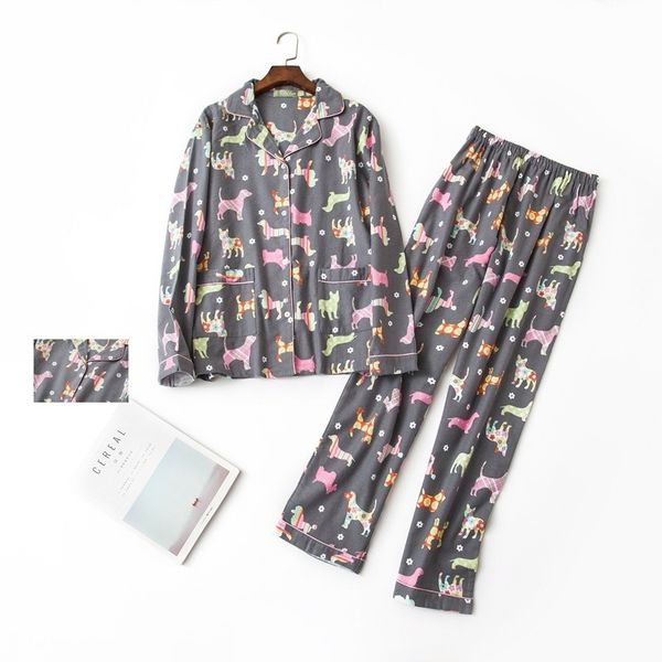 

2018 gray pajama sets women brushed cotton cute dachshund dog print 2 pieces set long sleeve elastic waist pants pyjamas s7d605, Black;red