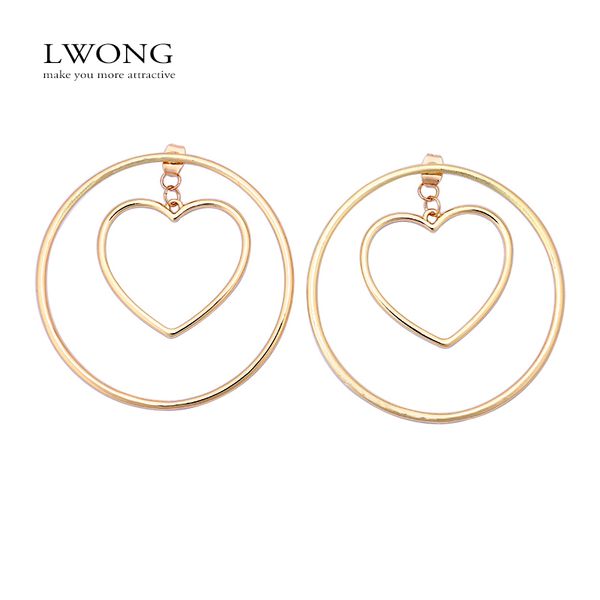

whole salelwong new design gold color heart circle earrings geometrical inside heart earrings 5.1cm large hoop for women gifts, Golden;silver