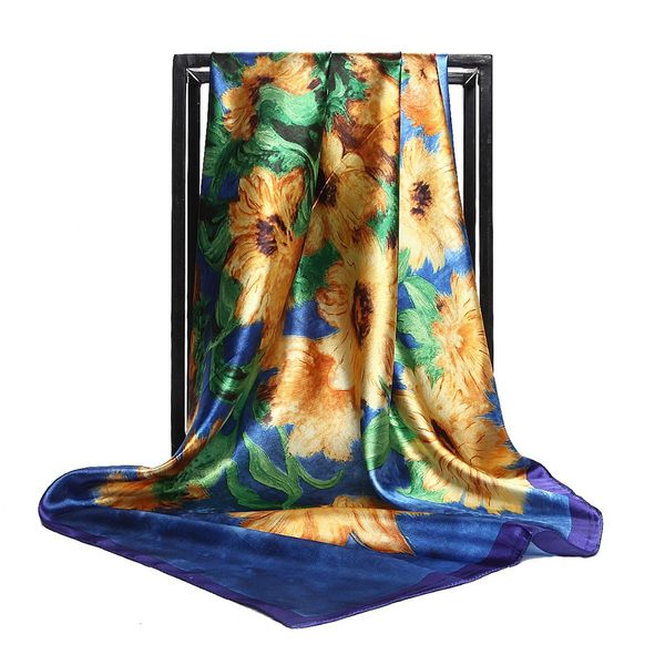 

women sun flower print silk satin square scarves 2018 new brand spring summer foular dhead hijab shawl wraps wholesale 90cm*90cm, Blue;gray