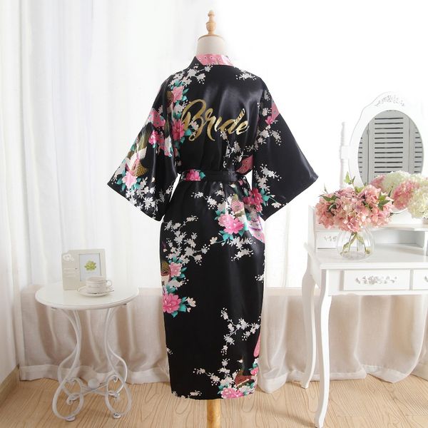 

bzel silk satin wedding bride maid of honor bridesmaid robe floral bathrobe long kimono robe night dressing gown for women, Black;red