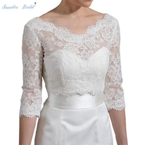 2019 nuova giacca da sposa in pizzo scollo a V Bolero da sposa maniche a 3/4 applique bianco / avorio increspato Giacche economiche Avvolge bottoni ricoperti con retro a V