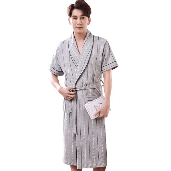 

striped robe men summer short sleeve 100% cotton bathrobe male v-neck dressing gown men's homewear spas long bath robe, Black;brown