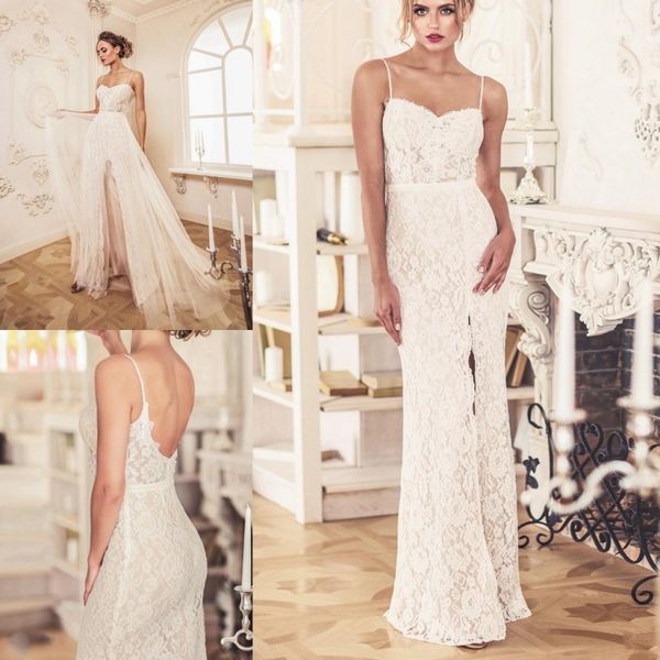 

julie vino 2019 mermaid wedding dresses with detachable skirt full lace appliqued backless high split slits spaghetti neck bridal gowns, White