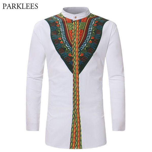 

african dashiki longline shirt men 2018 fashion casual stand collar long sleeve dress shirts men hiphop streetwear chemise homme, White;black