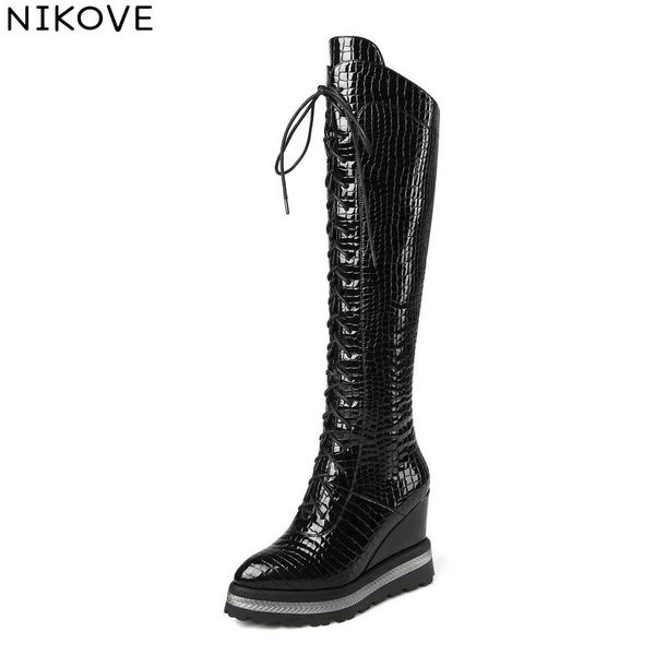

nikove 2018 women motorcycle boots wedges patent leather pu zipper knee high boots round toe high heels woman size 34-42, Black