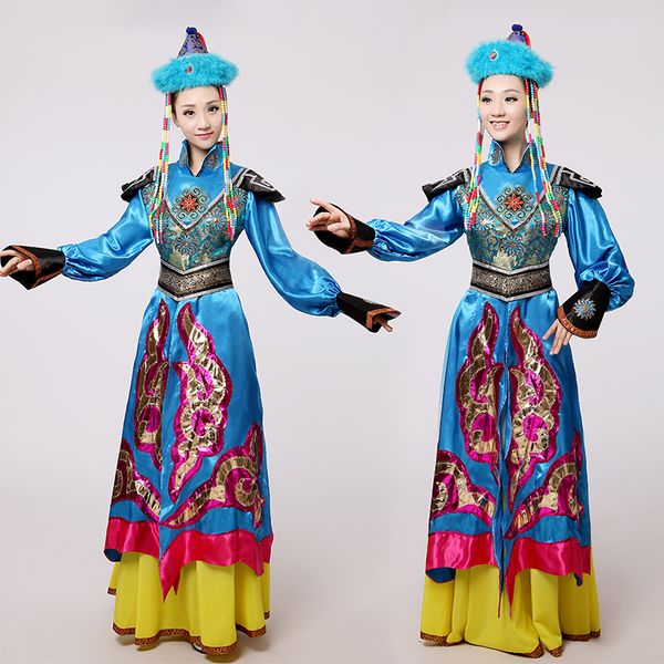 Maskerade Ballkleid Luxuriöse Robe Damen langes blaues Kleid Elegantes altes mongolisches Prinzessinnenkleid Tanzkleidung