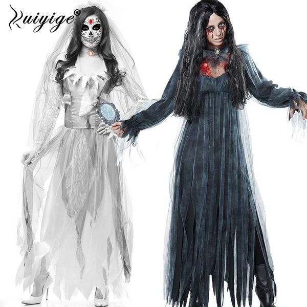 

ruiyige cosplay halloween costume women horror ghost bride dress headdress necklaces zombie bride witch ghost set costume female, Black;red