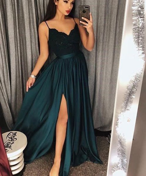 

a-line spaghetti straps split prom dresses green appliques long prom gowns vestidos largos de fiesta elegante vestido de fiesta, Black