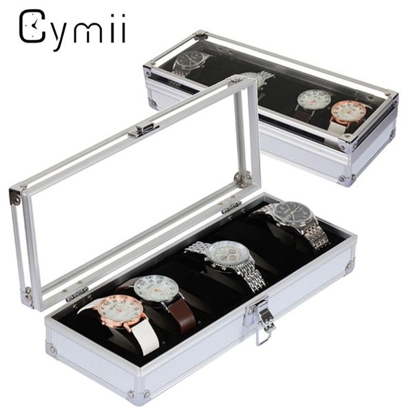 

cymii watch box case 6 grid insert slots jewelry watches display storage box case aluminium watch jewelry decoration, Black;blue