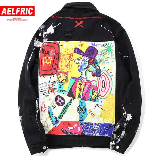 

aelfric мужские джинсовые куртки хип-хоп уличная одежда граффити окрашенное пальто рваная джинсовая джинсовая ветровка повседневная уличная, Black;brown