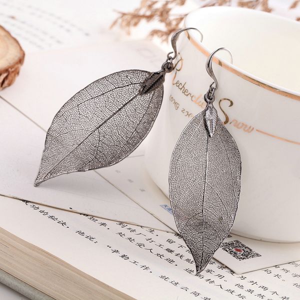 

new fashion women fresh floral long natural real dipped leaf leaves dangle earrings hook jewelry bijoux femme, Silver