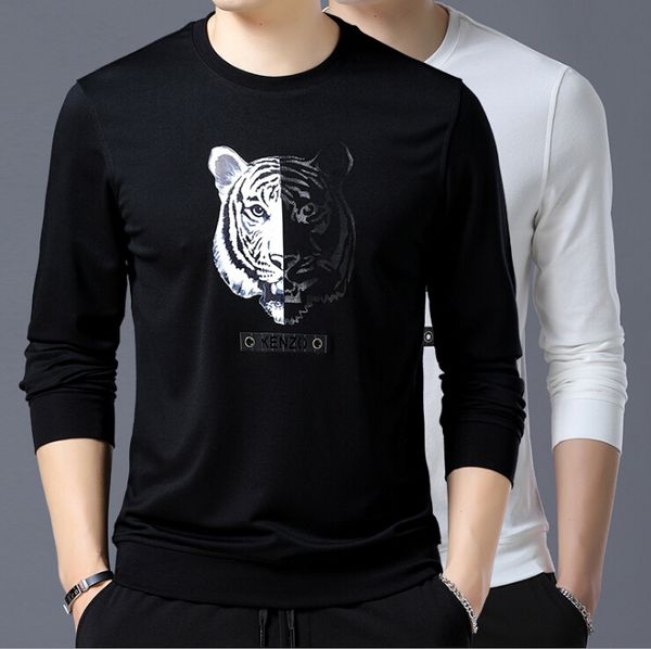 

Spring New Mens Fashion T-shirt Long Sleeved Tiger Printed White Tee Mens Casual T-shirt