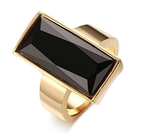 

stainless steel gold plated rectangular black glass crystal ring for women, Silver