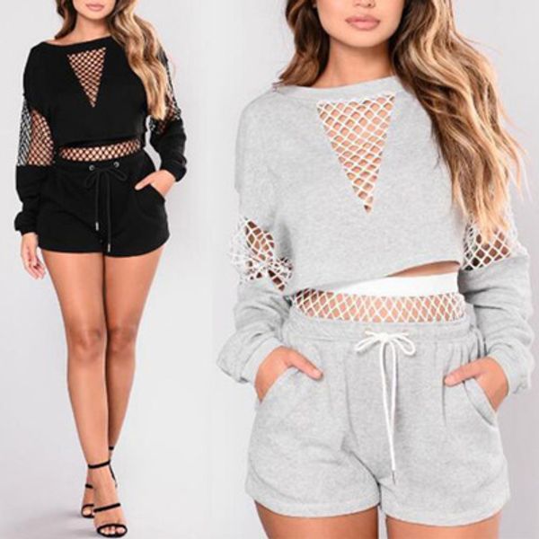 

Summer Women Suit Sexy Mesh Hollow Pullover With Short Pants Women Casual Sweatshirt Tracksuit S-L Size