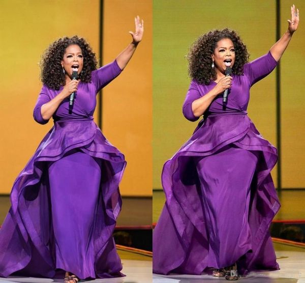 

Elegant Oprah Winfrey Celebrity Evening Gowns Over Skirt Middle East Dubai Arabic Dress Style Purple with Sleeve Plus Size Women Formal Wear
