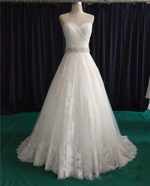 

eye catching lace ball gown wedding dresses sparkling sash sweetheart sleeveless lace-up back sweep train pleats tulle with lace bridal gown, White