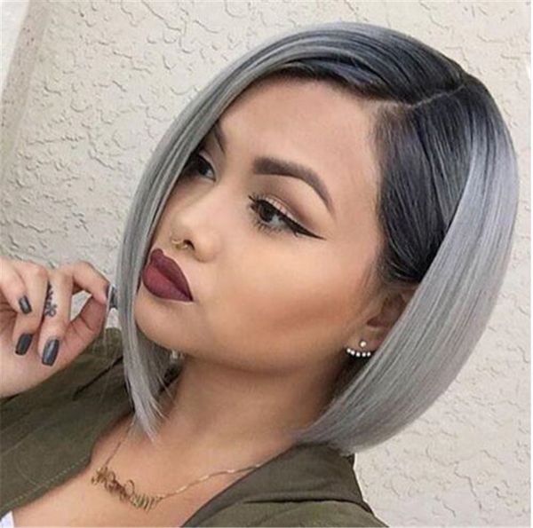 

Bob Straight Ombre Color Парик 1B Серый Полный Парик Шнурка Человеческих Волос с Темно-Черными Корнями 100% Бразильский Парик Волос Remy