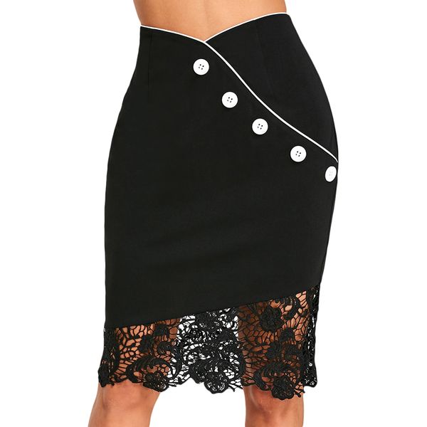

kenancy crochet lace trim high waisted sheath skirt, Black