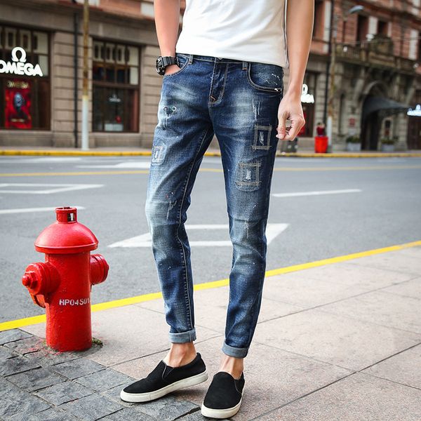 

spring new fashion trend youth style small fresh urban casual wild wash hole slim feet seven points jeans male inkjet doll, Blue