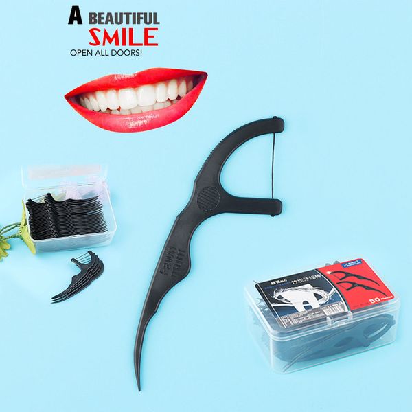 

50 pcs/set bamboo charcoal dental floss teeth sticks tooth picks interdental brush teeth clean dental floss stick toothpick flosser