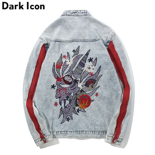 

stand collar dragon embroidery hip hop jeans men 2018 autumn vintage washing blue men's jeans jackets man clothing streetwear, Black;brown