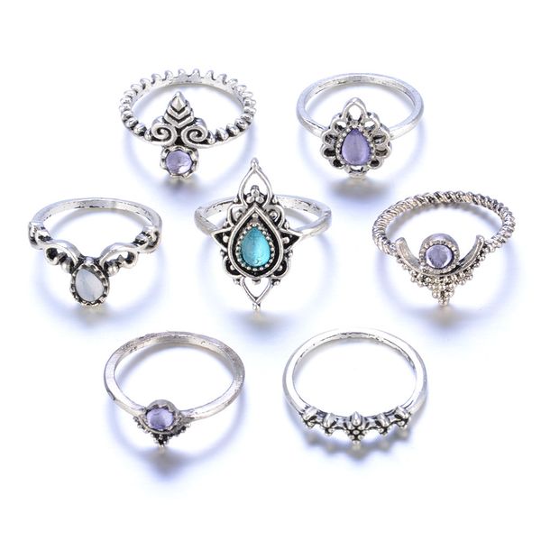 

#5001 7pcs/set women bohemian vintage silver stack rings above knuckle blue rings set dropshipping new hipping, Golden;silver