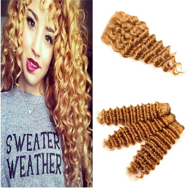 

глубокая волна мед блондинка человеческих волос 3 пучки сделок с 4x4 топ закрытие свободный путь расставание глубокие вьющиеся человеческих, Black