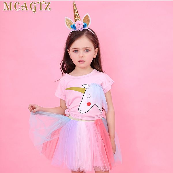 

mcagtz girl dress 2018 new summer casual style cartoon unicorn t-shirts+colorful veil dress 2pcs for girls clothes 2-6years, White
