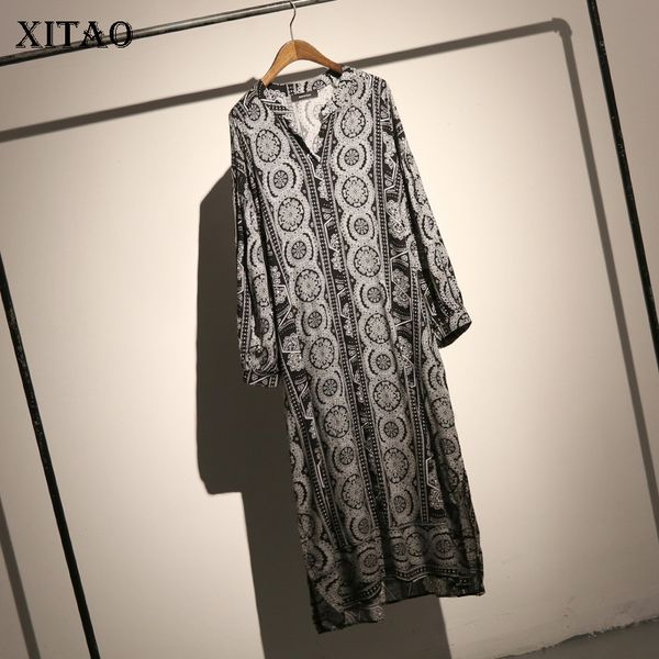 

xitao] europe fashion new women 2018 autumn v-neck full sleeve casual dress female print straight pullover dress gwy3050, White;black