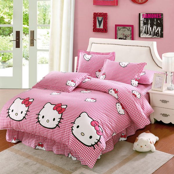 

100%cotton animal series 4pc pink plaid bed skirt bedding sets cartoon style kid/gift duvet cover bed skirt pillowcases