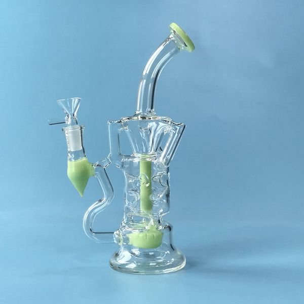 Bunte Wasserpfeifen Doppel-Recycler-Becherglas-Bongs 10-Zoll-Fab-Ei-Turbine-Perkolator-Öl-Dab-Rigs 14-mm-Innengewinde-Wasserpfeifen mit Schüssel