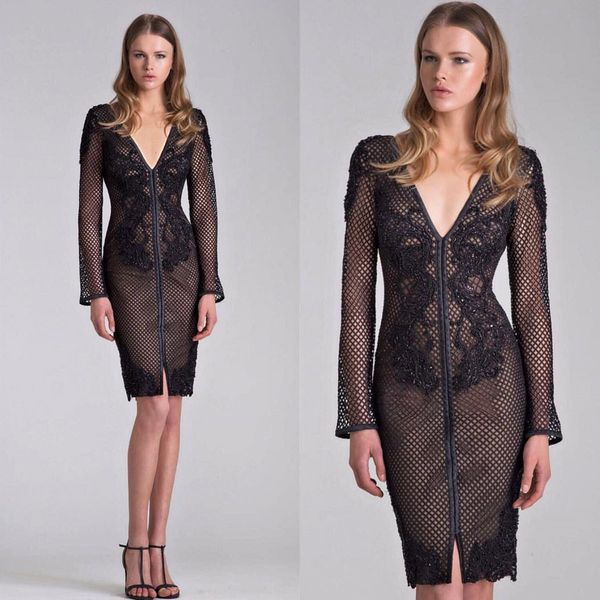 

2018 brand custom made short prom dresses long sleeve v neck illusion bodice lace applique sequins little black dress