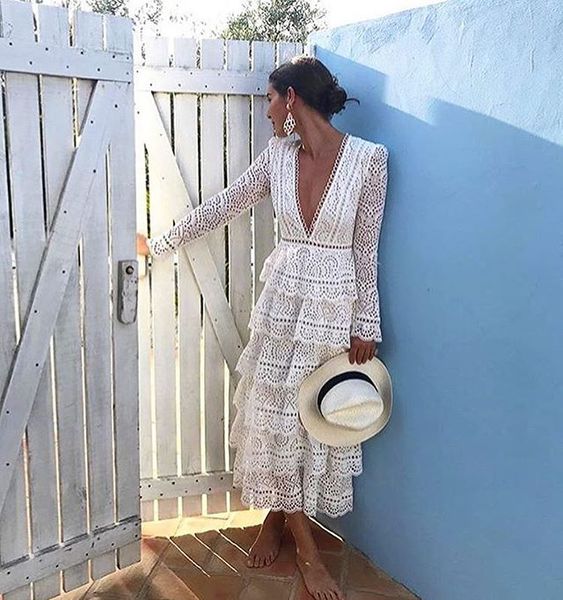 

deep v lace white midi dress full sleeve embroidery one-piece women dress sexy, White;black