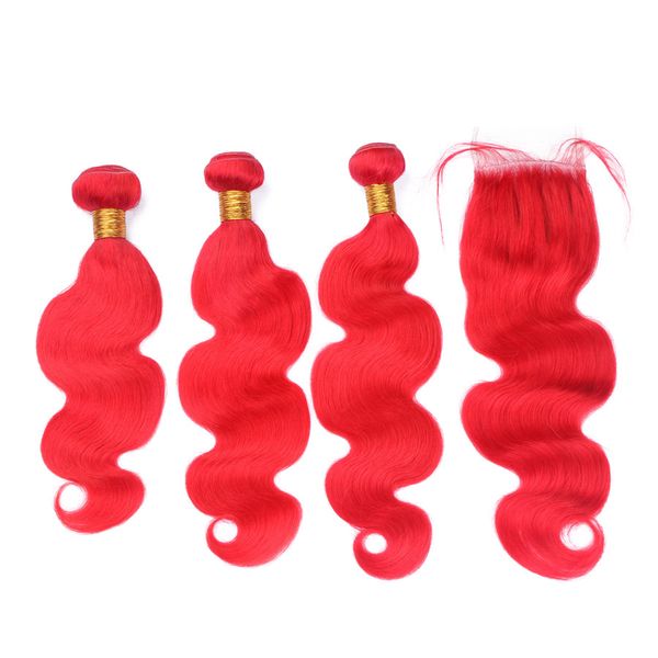 

red color body wave brazilian virgin human hair bundles weave extension 3 pcs with 4x4 lace closure bleached knot red hair, Black;brown