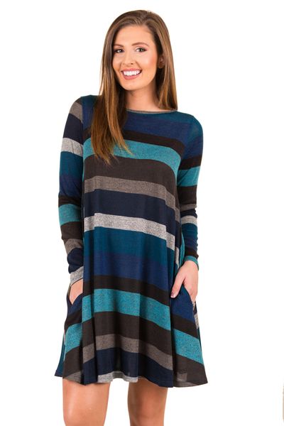 

fashion wide stripes womens clothing autumn casual skirt women's casual long sleeve dress striped loose tunic swing t-shirt, Black;gray