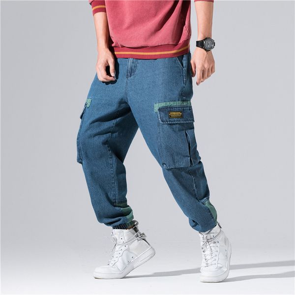

casual loose cargo pants baggy safari style hip hop pants full length pockets joggers trousers streetwear, Blue