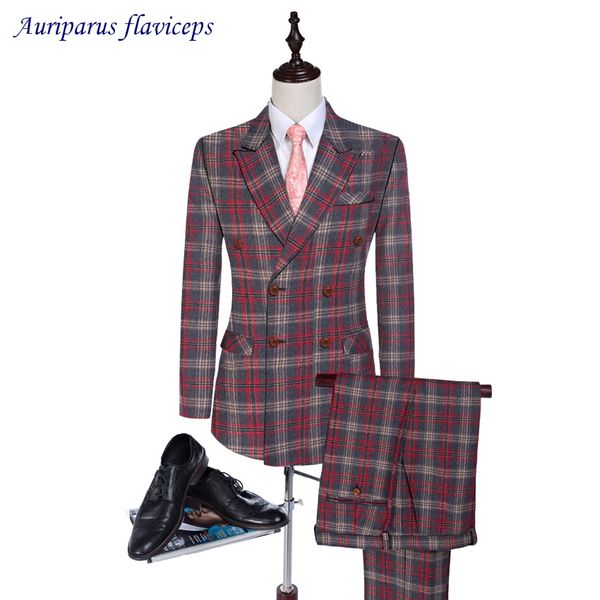

new wool plaid wedding suit 2 buttons groom tuxedos double breasted tweed suits custom made 2018 man suit (jacket+pants, White;black